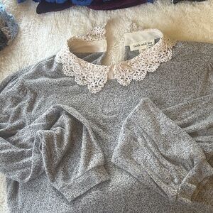 Faith and Joy Heather Gray Sweater with Cream Lace Collar